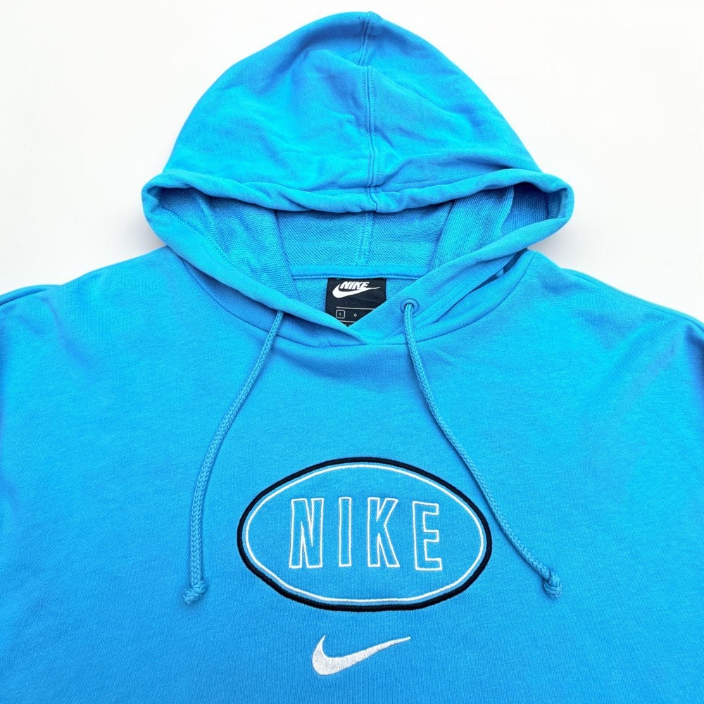 Nike Womens Blue Cropped Hoodie Sweatshirt Graphic Logo Sz Large 2481